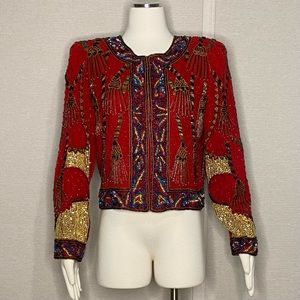 Vintage 80s Lawrence Kazar red beaded evening jacket